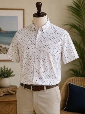 Johnston & Murphy Performance Shirt Mens Large White Skull AOP Button Up Stretch